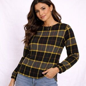 Zara Plaid Long Sleeve Top Crewneck Side Zip Black Yellow S